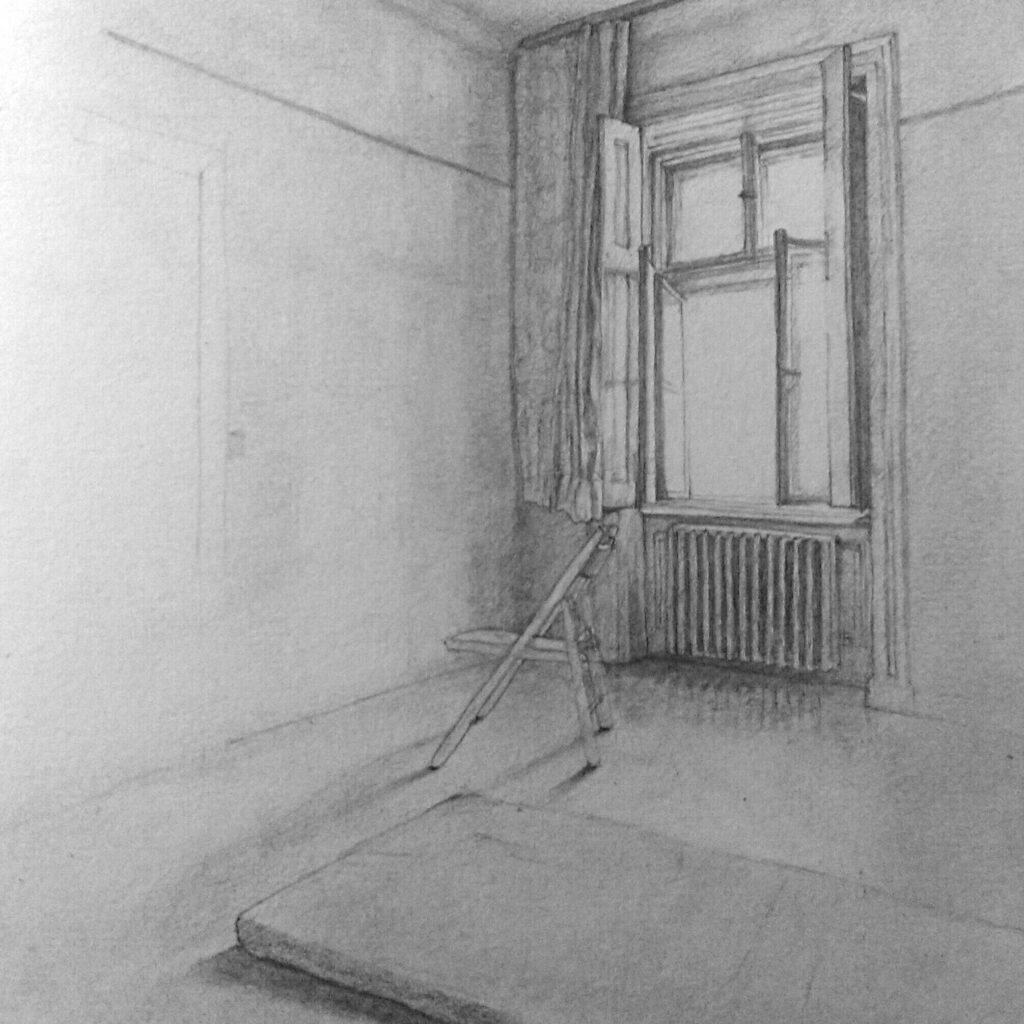 a drawing of a spartan bedroom and window